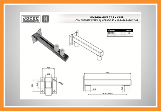 Roldana guia suporte tubo 40mm x 40mm para parafusar
